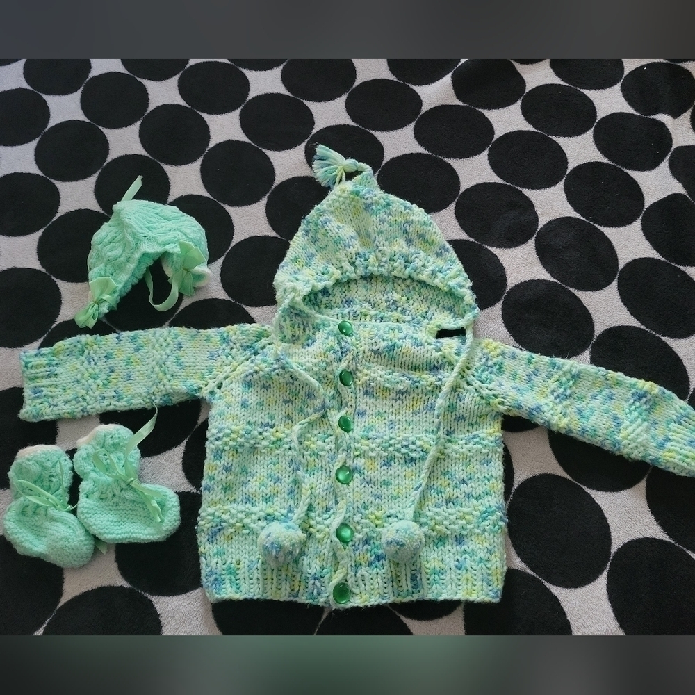 Handmade 3 Piece Toddler Crochet Green & Blue Jacket, Hat, Sock Set